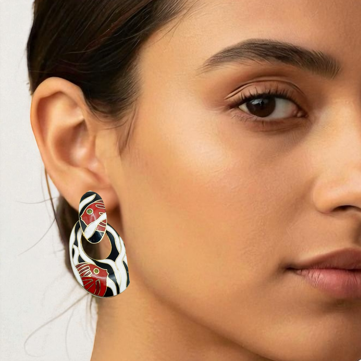 Vintage Cloisonné Fish Print Drop Earrings