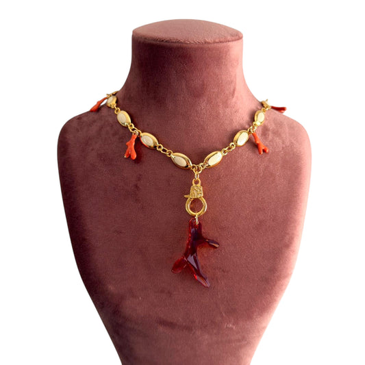 Vintage 1980s Designer House Chain Necklace with Coral Charms & Swarovski Crystal Pendant