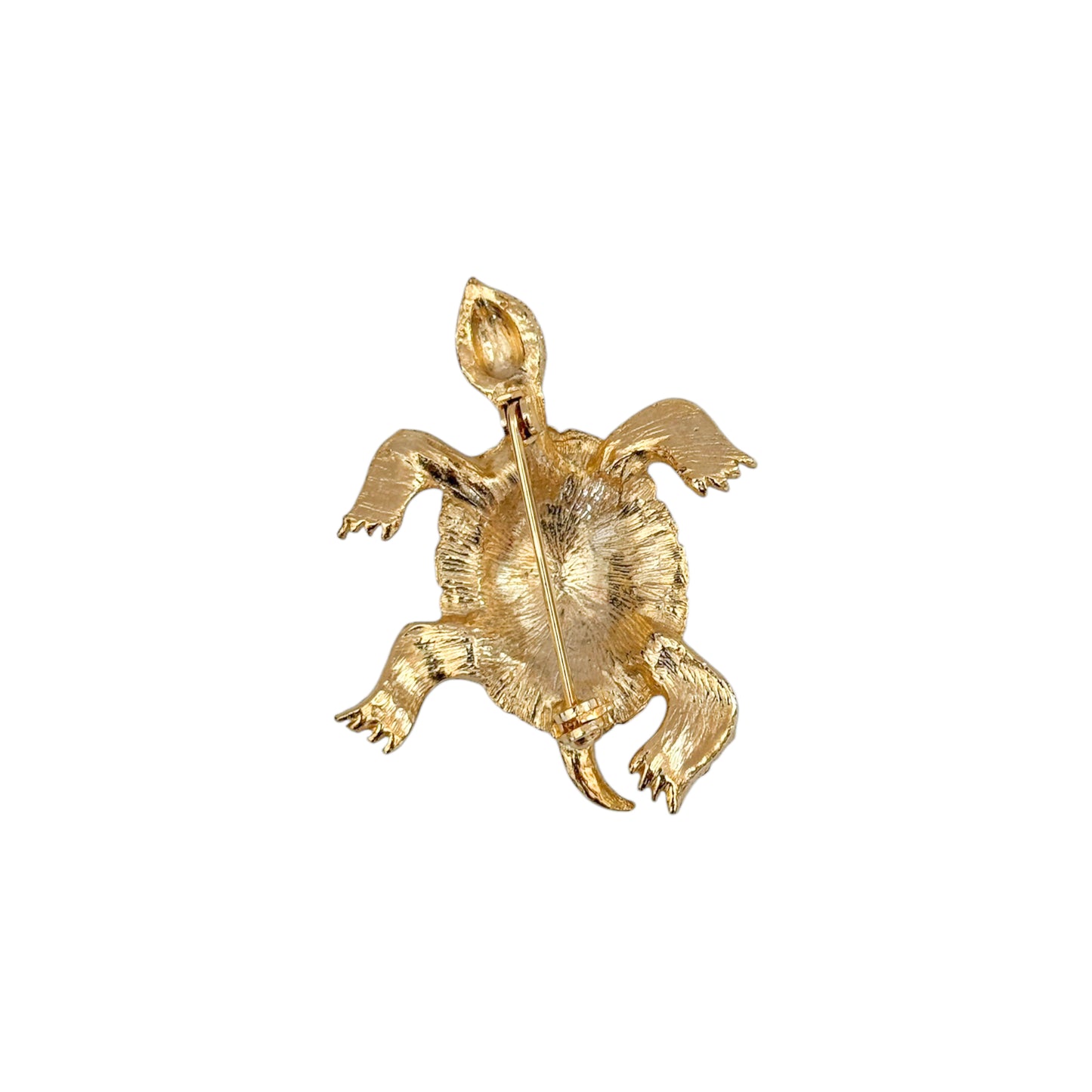Vintage 1980s Designer House Gold Turtle Brooch with Green Crystal Eyes — Triple Gold-Plated