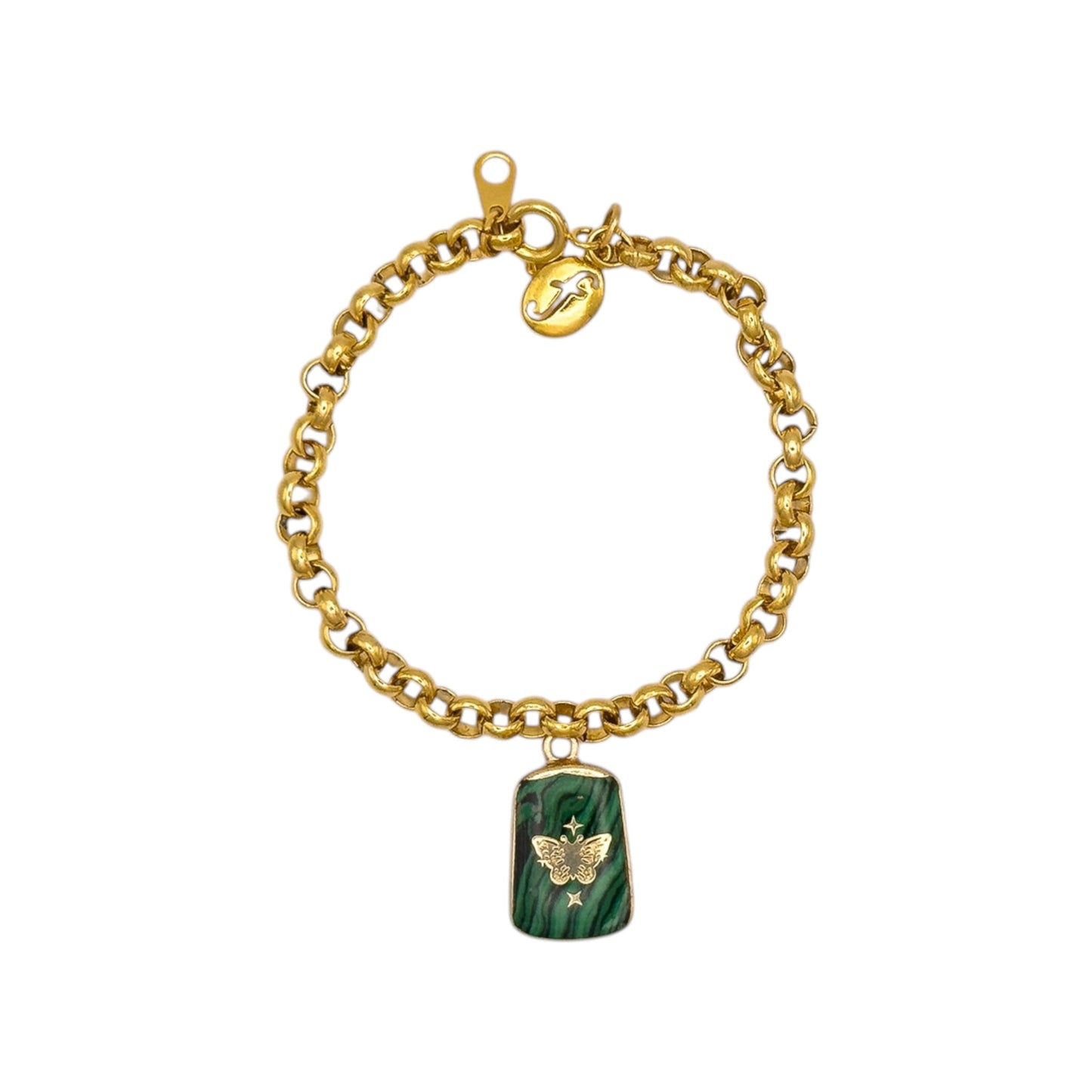 Vintage Gold Chain Bracelet with Malachite Butterfly Charm — 1980s