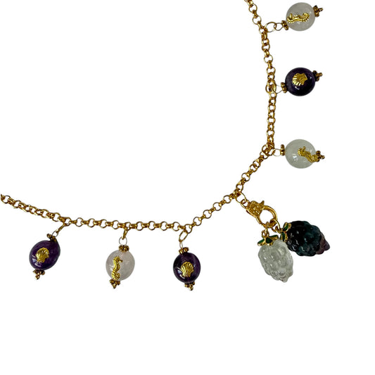 Vintage 1980s Designer House Chain Necklace with Amethyst, Quartz & Stone Grape Charms