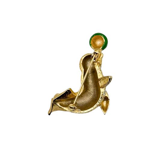 Vintage Gold-Plated Green Enamel Seal Brooch — 1980s