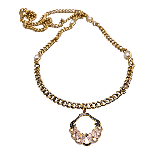 pearl detailed chain necklace cloisonne pendant vintage