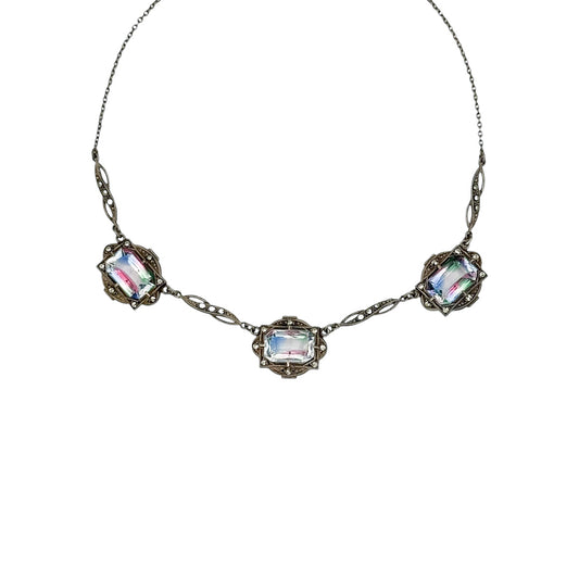 Antique Art Deco Iris Glass Silver Necklace — Early 20th Century
