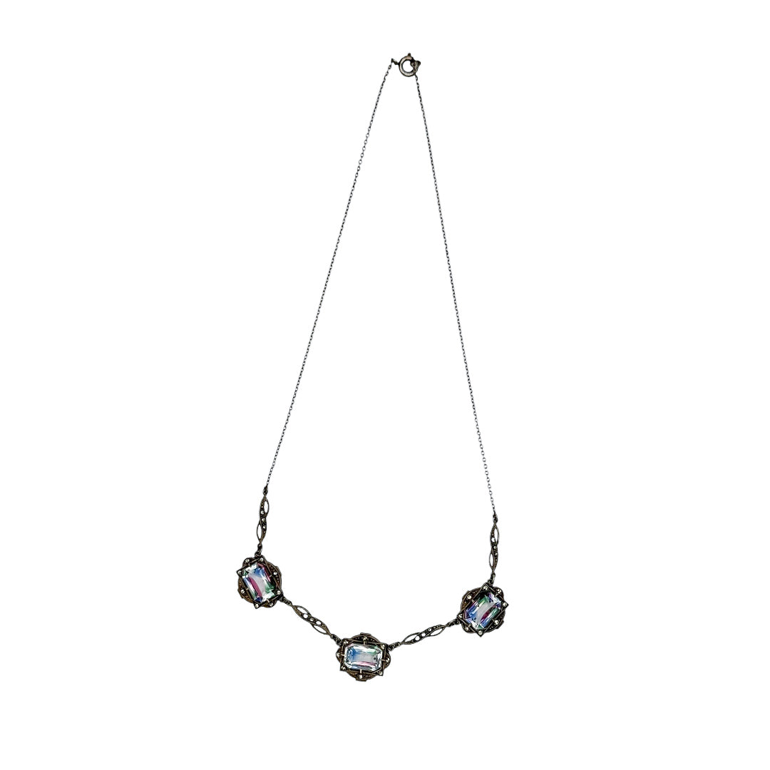 Antika Art Deco Iris Cam Gümüş Kolye — 20. Yüzyıl Başı