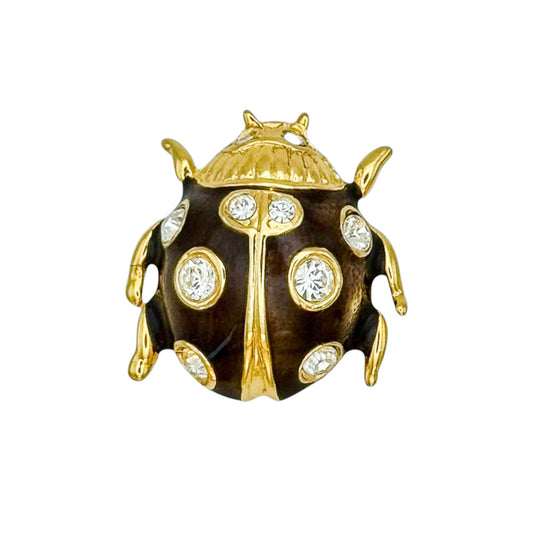 Vintage Altın Kaplama Kahverengi Mine Swarovski Uğur Böceği Broş — 1980'ler