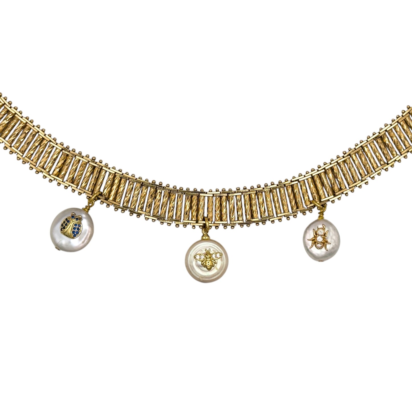 Vintage Rolled Gold Bar Bracelet with Pearl Bee, Insect & Ladybug Charms — 1970s