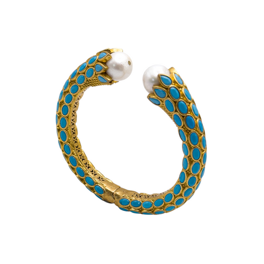 Vintage-Inspired Gold Turquoise Bead & Pearl Cuff Bracelet