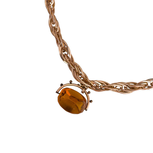 Vintage Rose Gold Zincir Kolye ve Antika Amber Cam Fob Kolye Ucu — 1980'ler