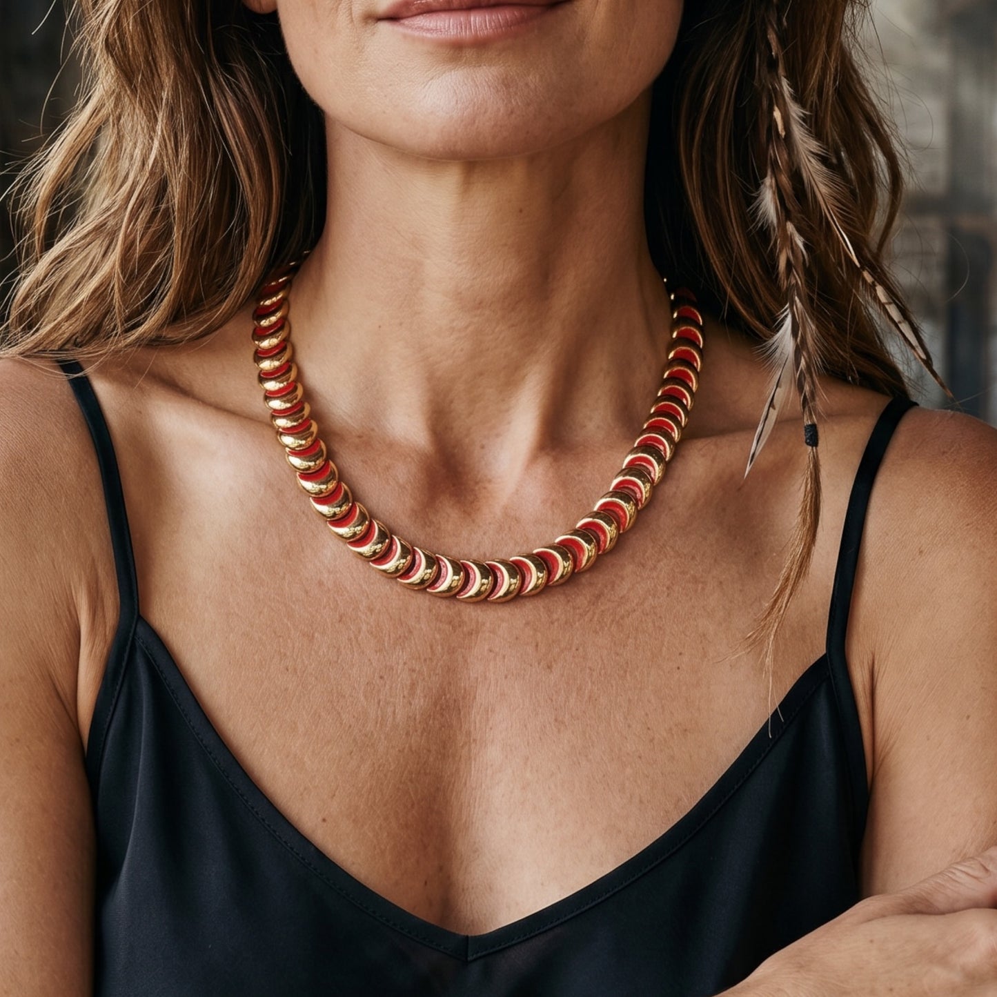 Vintage Red Enamel & Gold Chain Choker Necklace — 1980s