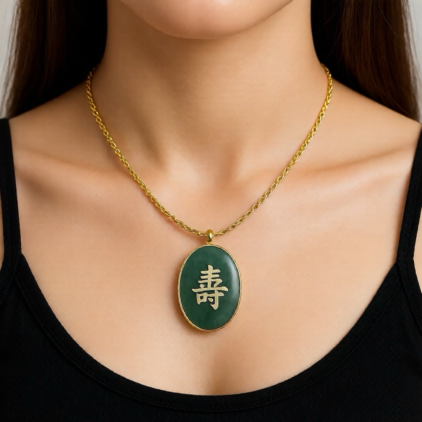 Vintage Çin Jade Altın Kaplama Fu Kolye