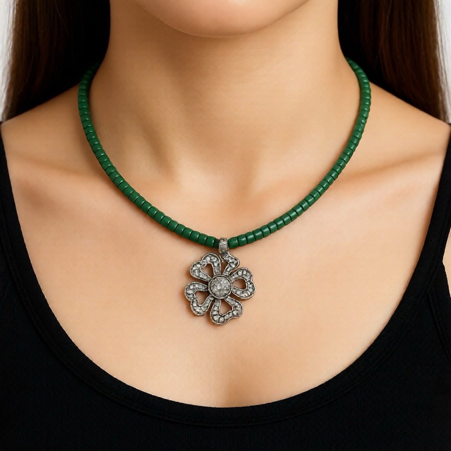 Jade Necklace with Vintage Marchasite Flower Charm