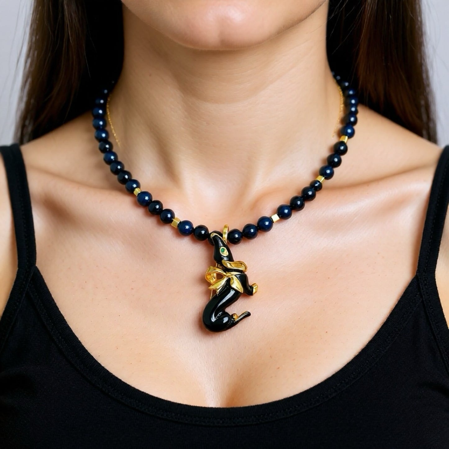 Vintage Dachshund Dog Brooch Necklace with Black Jade Beads