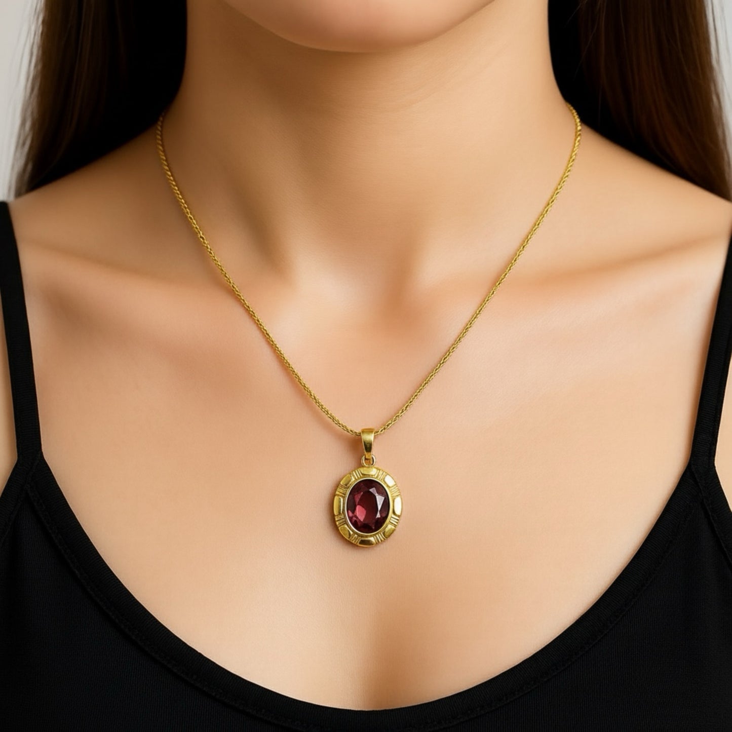 Vintage 14 Ayar Altın Kaplama Ametist Cam Kolye