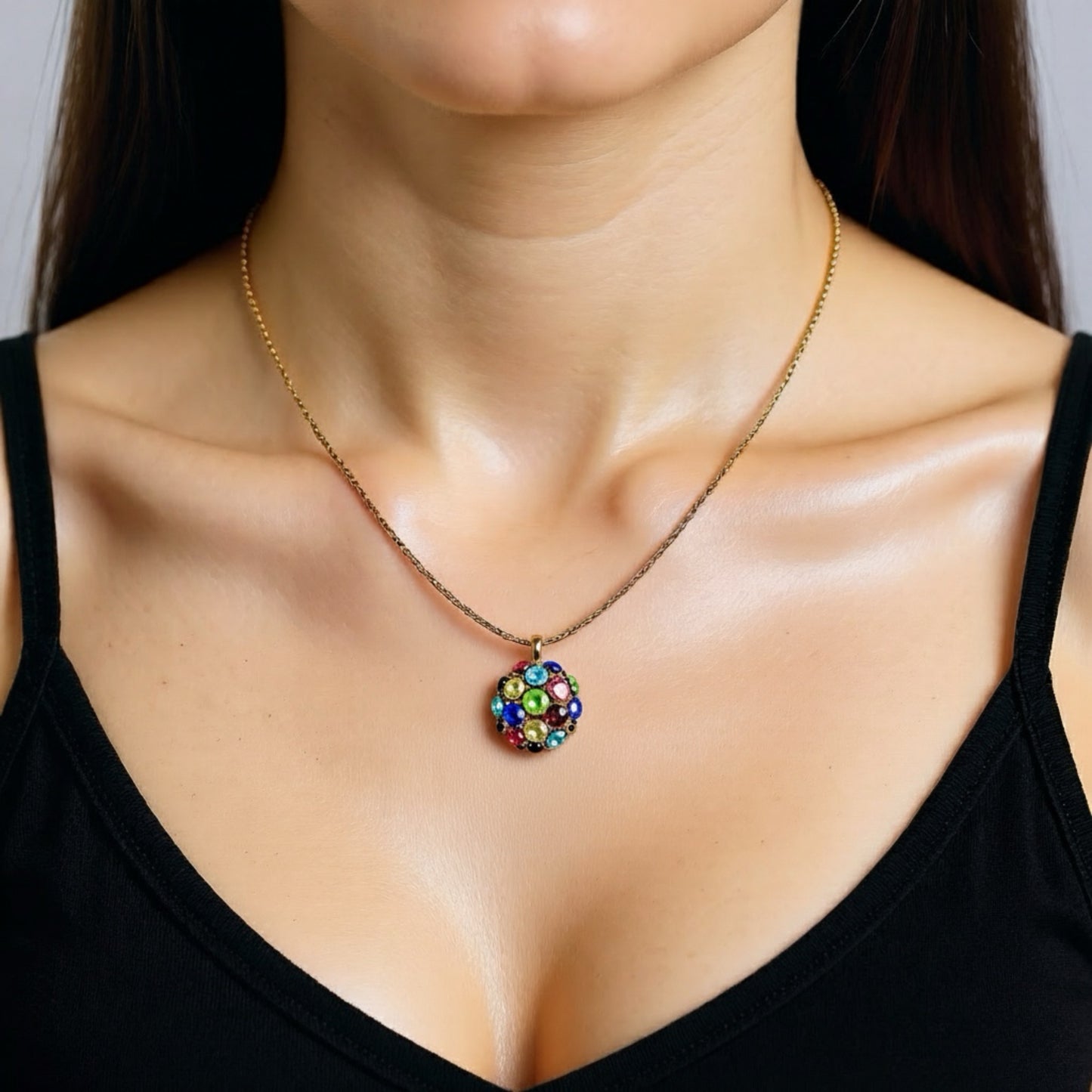 Vintage Renkli Kristal Detaylı Disco Topu Uçlu Kolye