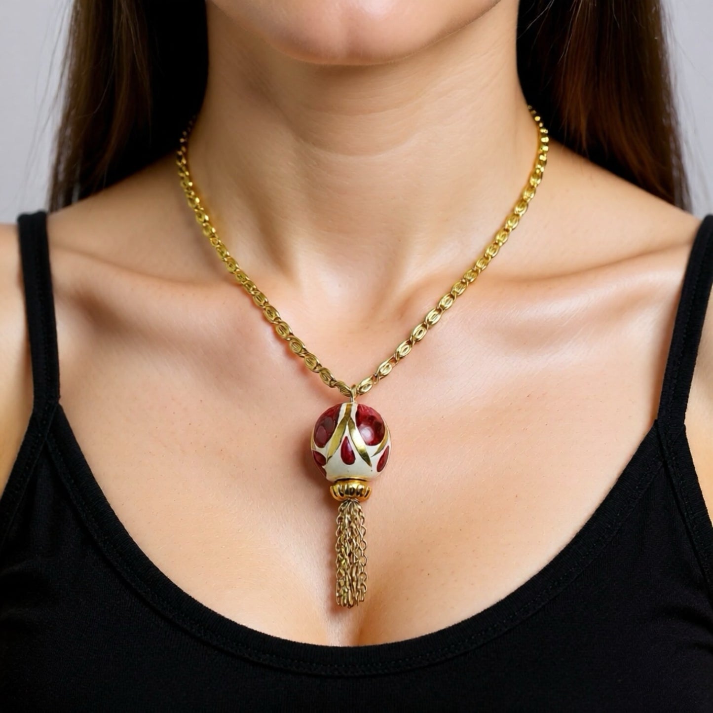 Vintage Gold Plated Snail Chain Necklace with English Porcelain Hand-Painted Perfume Pendant