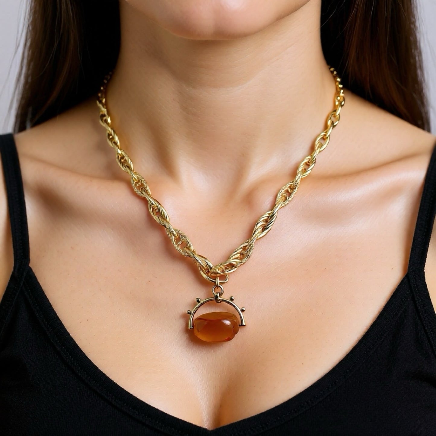 Vintage Rose Tone Link Chain Antique Swivel Fob Pendant Necklace