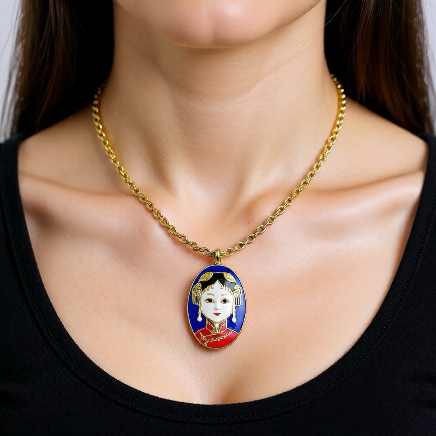 Vintage Gold Plated Rope Chain Necklace with Geisha Cloisonné Pendant
