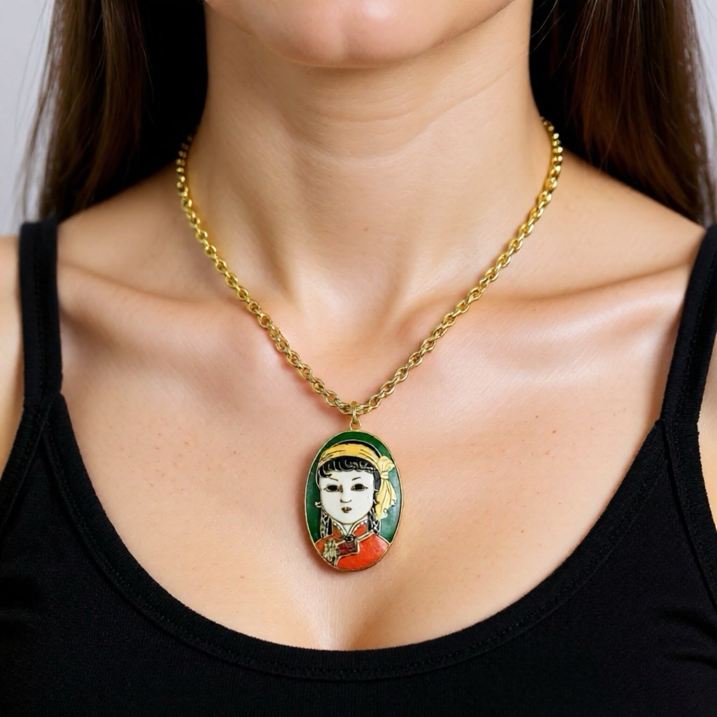 Vintage Gold Plated Rope Chain Necklace with Geisha Cloisonné Pendant