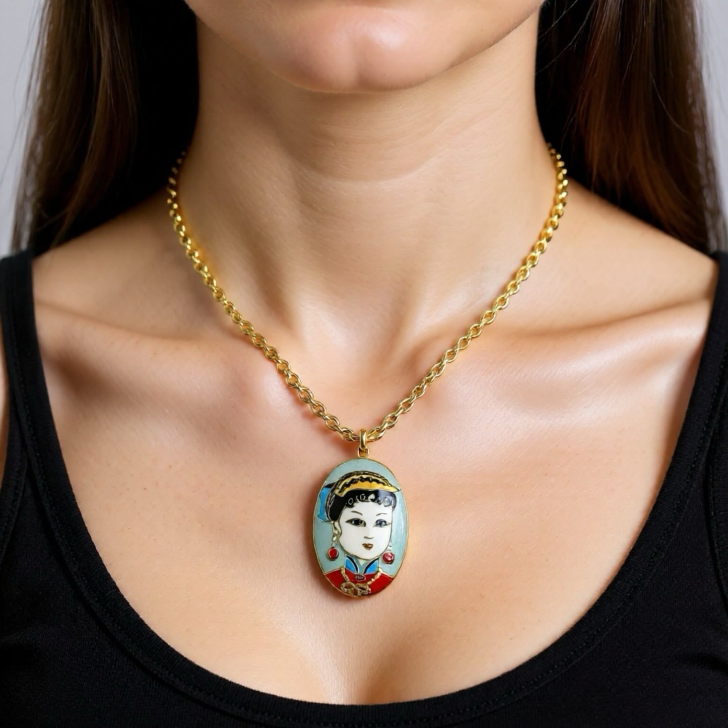 Vintage Gold Plated Rope Chain Necklace with Geisha Cloisonné Pendant