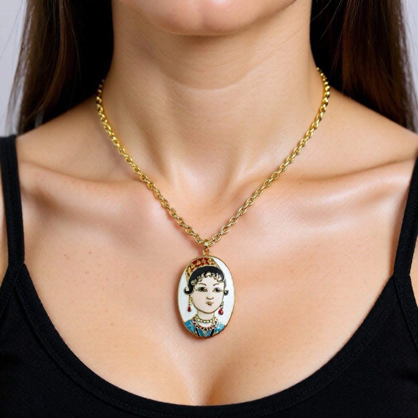 Vintage Gold Plated Rope Chain Necklace with Geisha Cloisonné Pendant