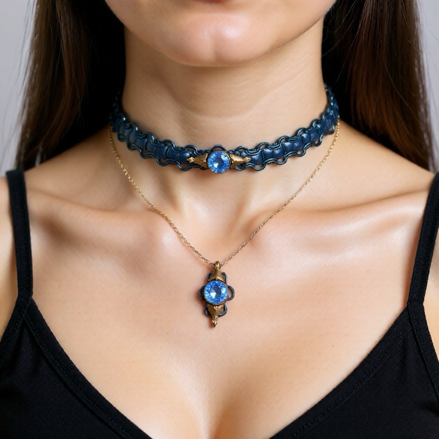 Antika 9ct Haddelenmiş Altın Aquamarin Çek Kristali Broş Detaylı Mavi Kadife Choker Kolye