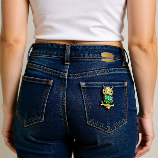 Vintage Gold-Plated Emerald & Navy Enamel Owl Brooch — 1980s