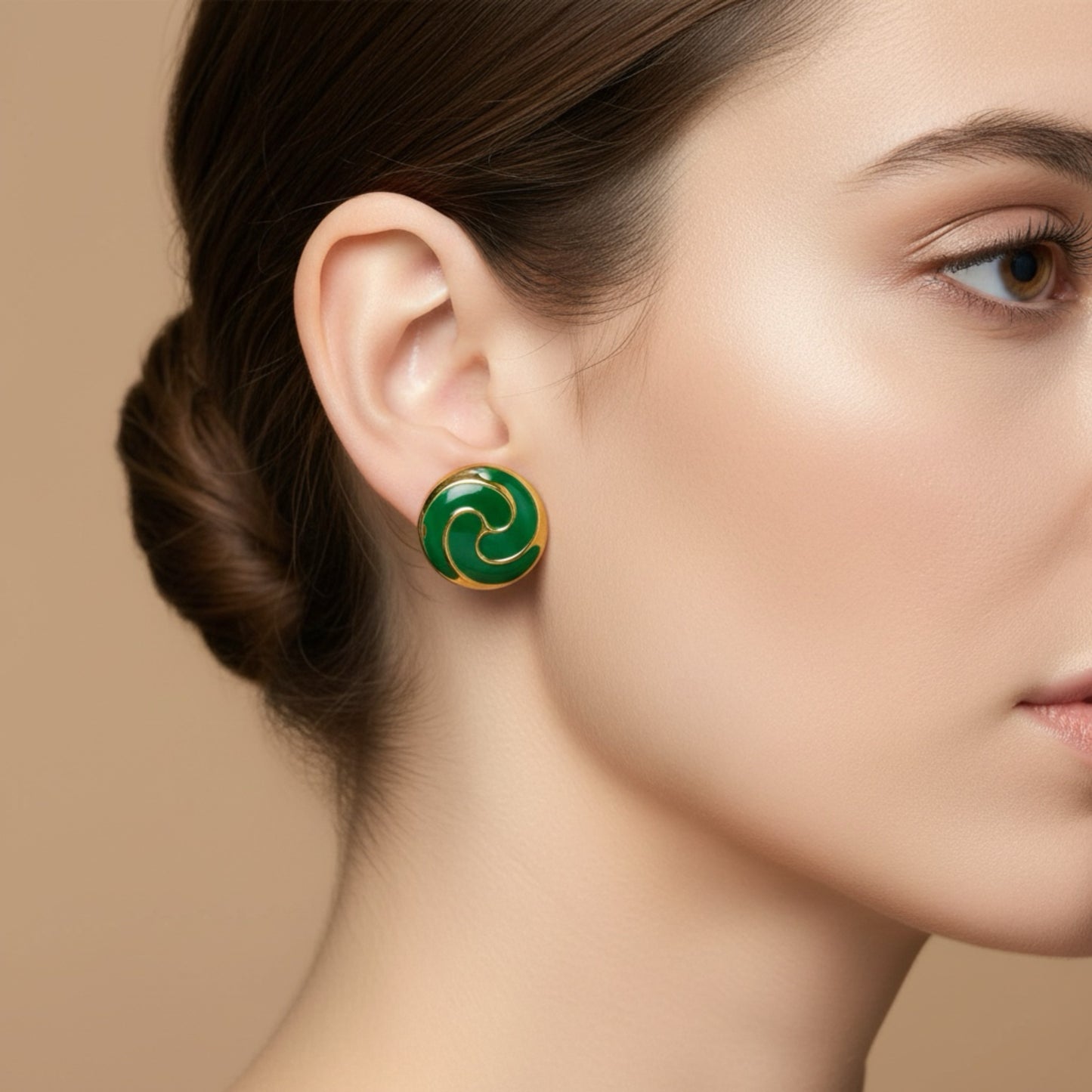 Vintage Art Deco Gold Tone Green Enamel Swirl Earrings
