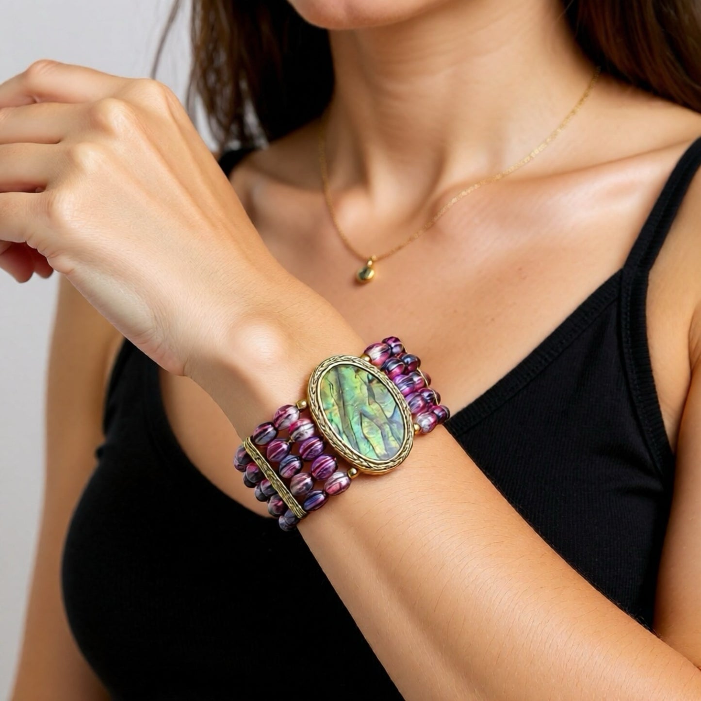 Vintage MONET Tel Cam Manşet Bileklik Ametist Boncuklu