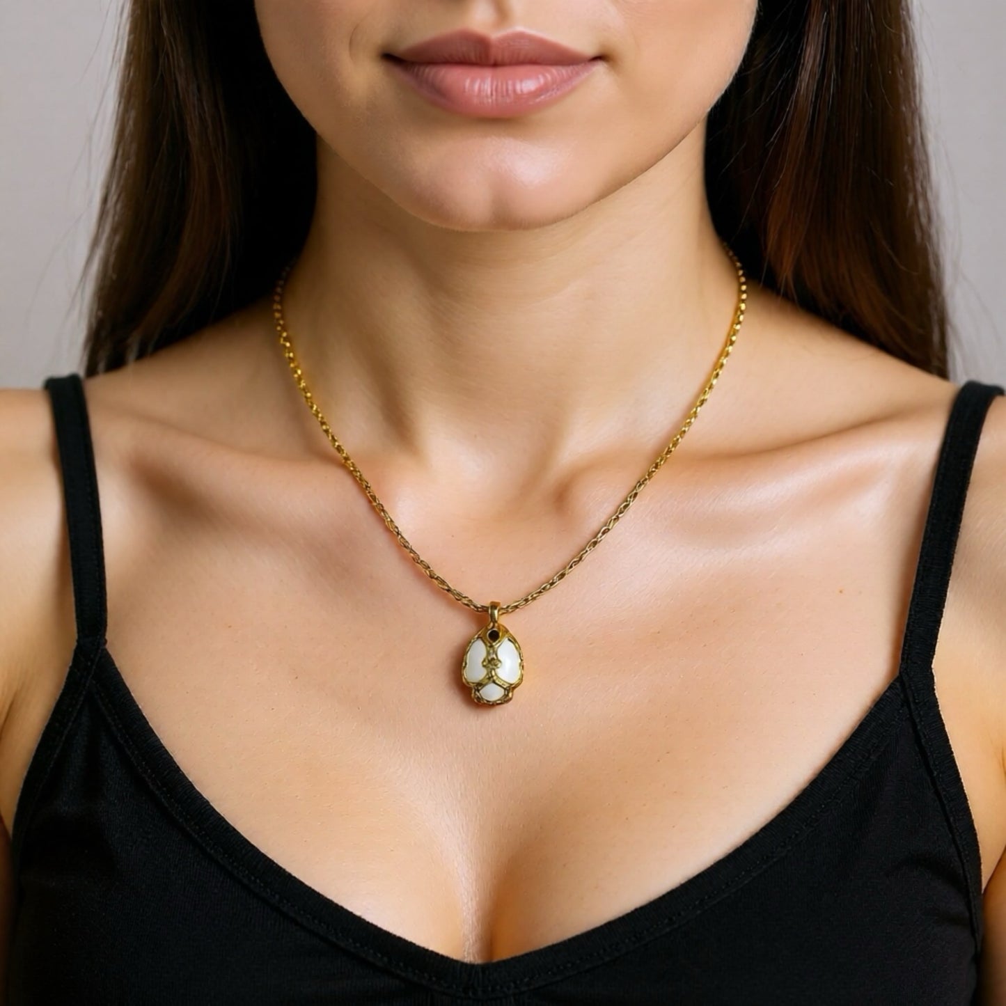 Vintage Gold Plated Link Chain Necklace with Modern White Enamel Egg Pendant
