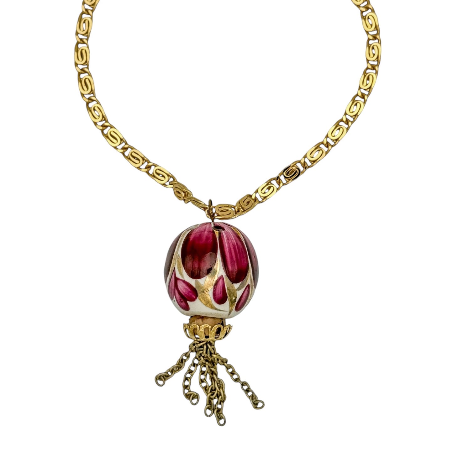 Vintage Gold Plated Snail Chain Necklace with English Porcelain Hand-Painted Perfume Pendant