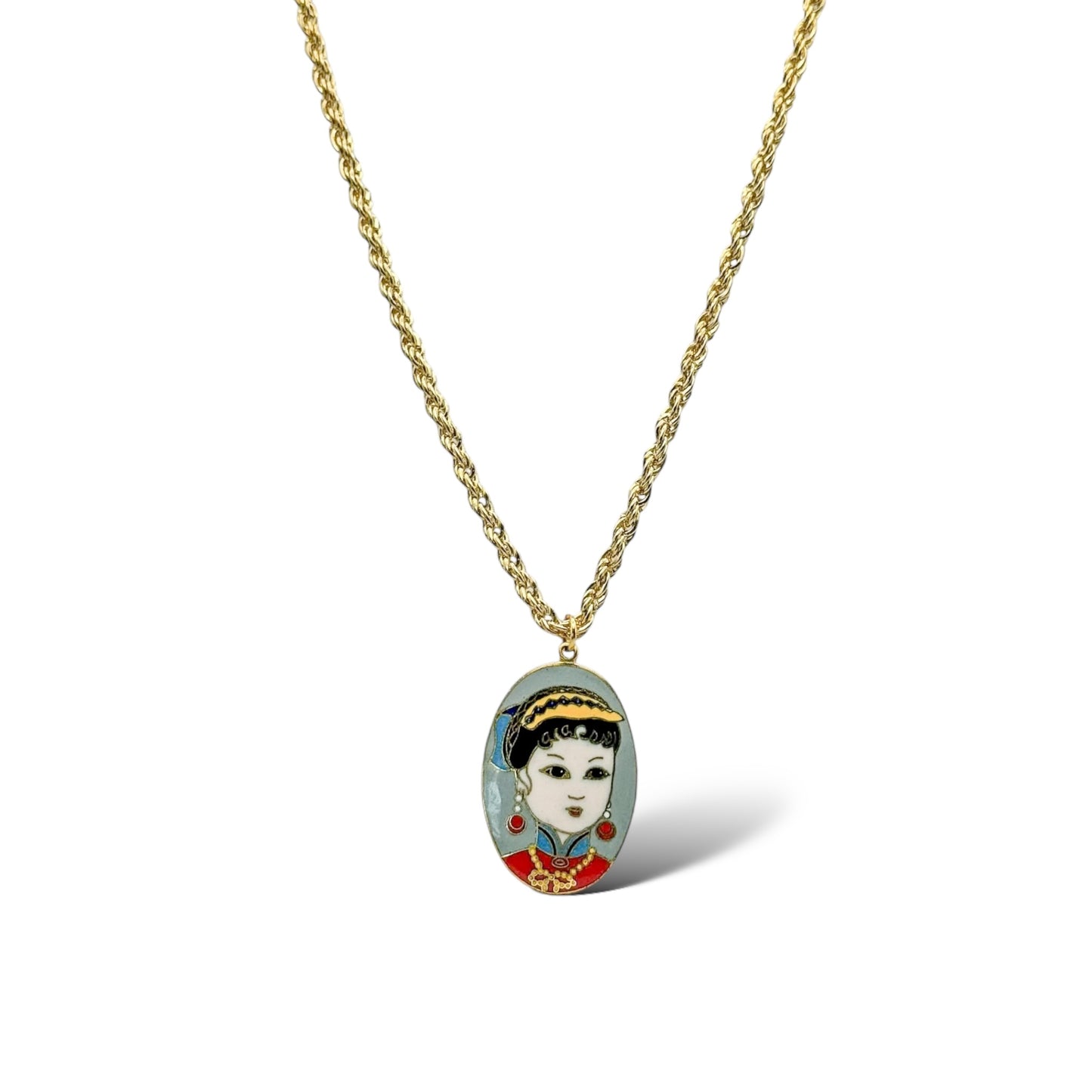 Vintage Gold Plated Rope Chain Necklace with Geisha Cloisonné Pendant
