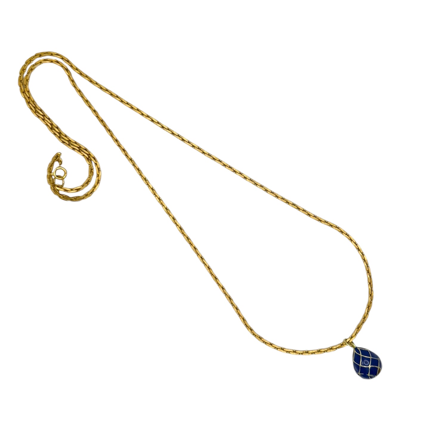 Vintage Gold Link Chain Long Necklace with Navy Enamel Egg Pendant — 1980s