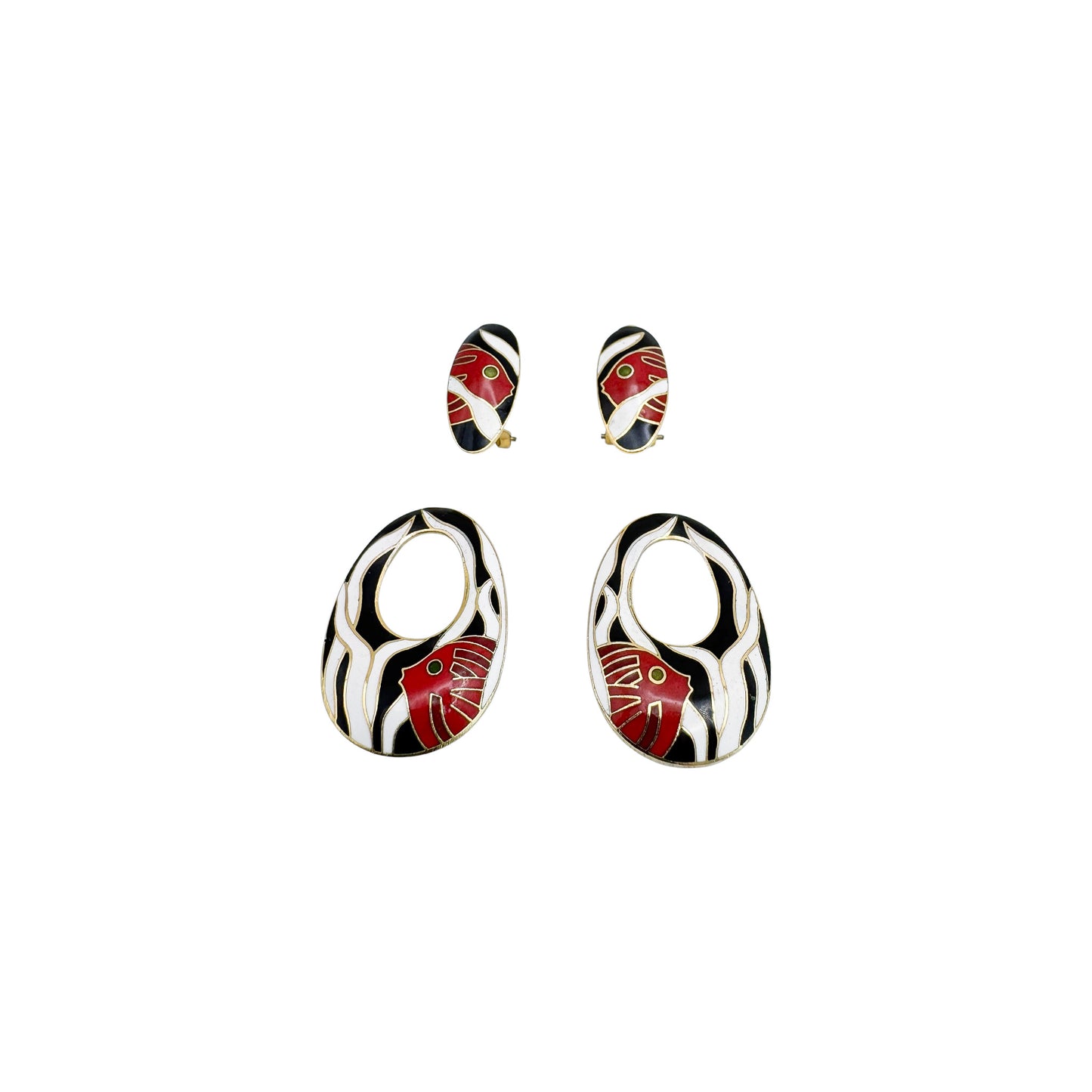 Vintage Cloisonné Fish Print Drop Earrings