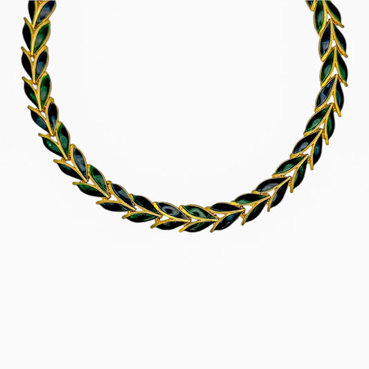 Vintage Gold Navy & Emerald Green Enamel Leaf Necklace — 1980s