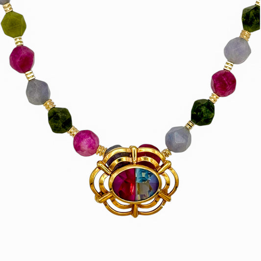 Vintage Glass Brooch Pendant Necklace with Multicolour Natural Stone Beads — 1960s
