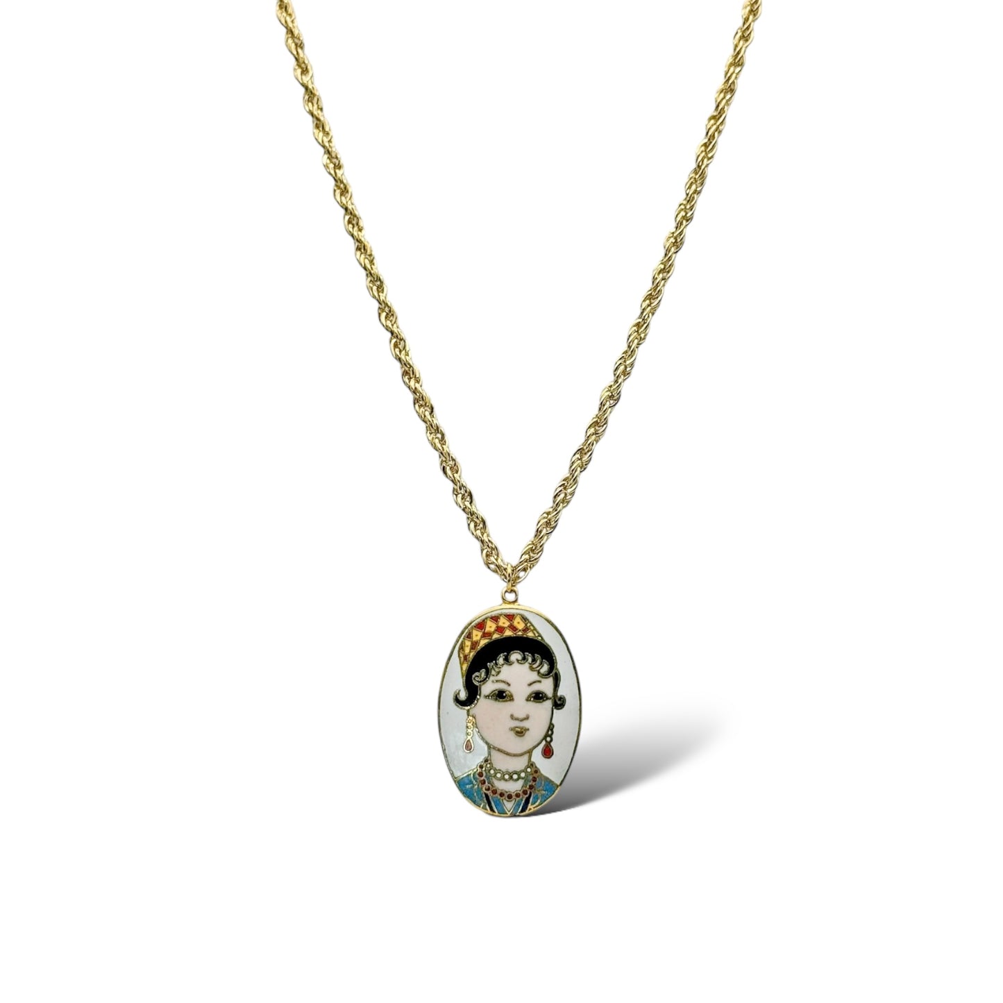Vintage Gold Plated Rope Chain Necklace with Geisha Cloisonné Pendant