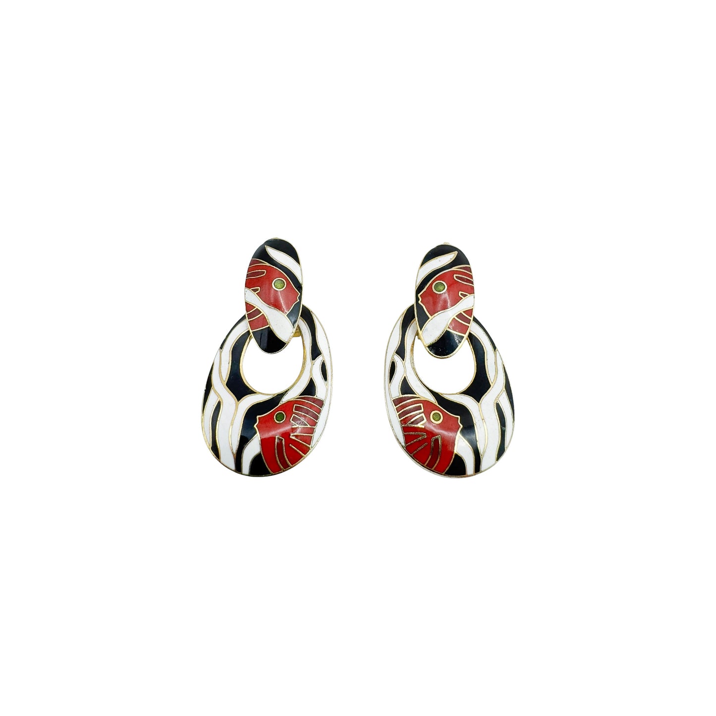Vintage Cloisonné Fish Print Drop Earrings
