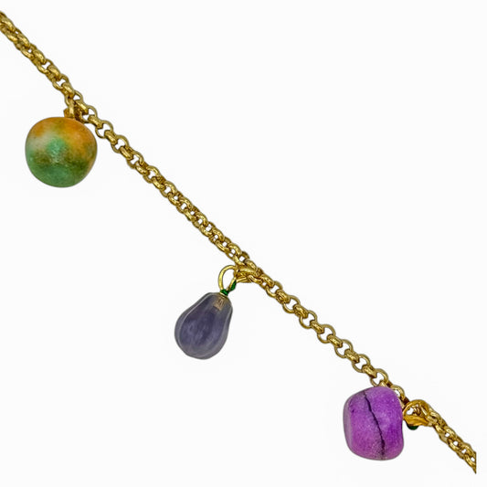 Vintage Gold Plated Rolo Chain Bracelet with Quartz & Fluorite Fruit Charms — 1980s