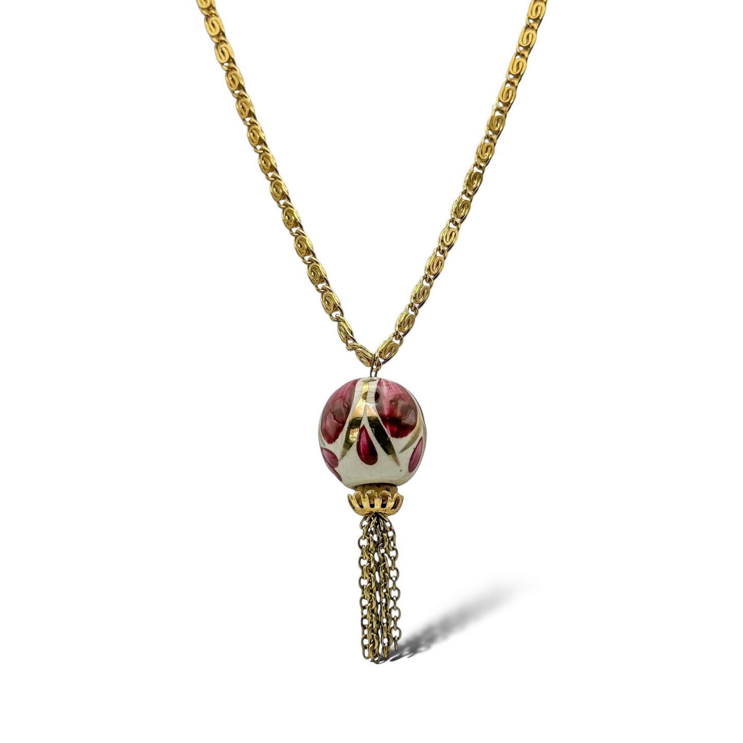 Vintage Gold Plated Snail Chain Necklace with English Porcelain Hand-Painted Perfume Pendant
