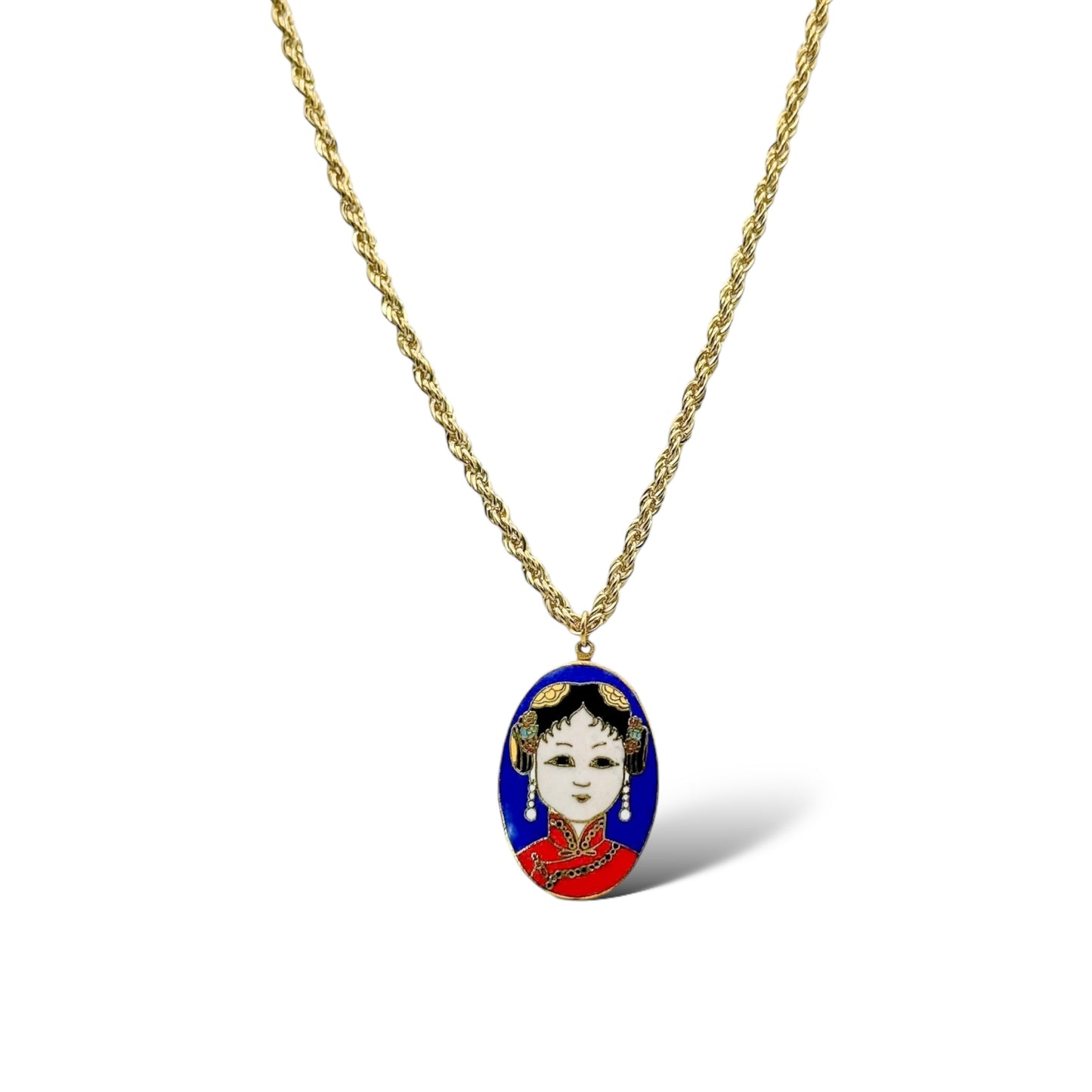 Vintage Gold Plated Rope Chain Necklace with Geisha Cloisonné Pendant