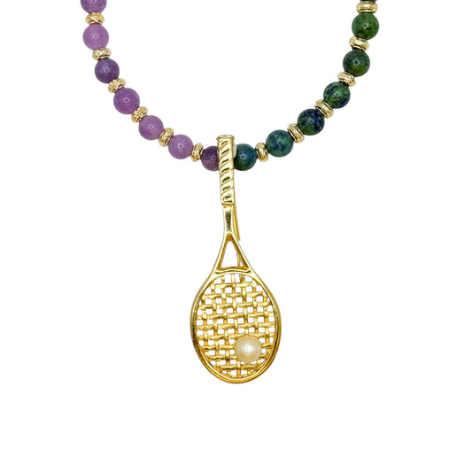 Vintage Gold Tennis Racket Brooch Pendant Necklace with Jade Beads — 1980s