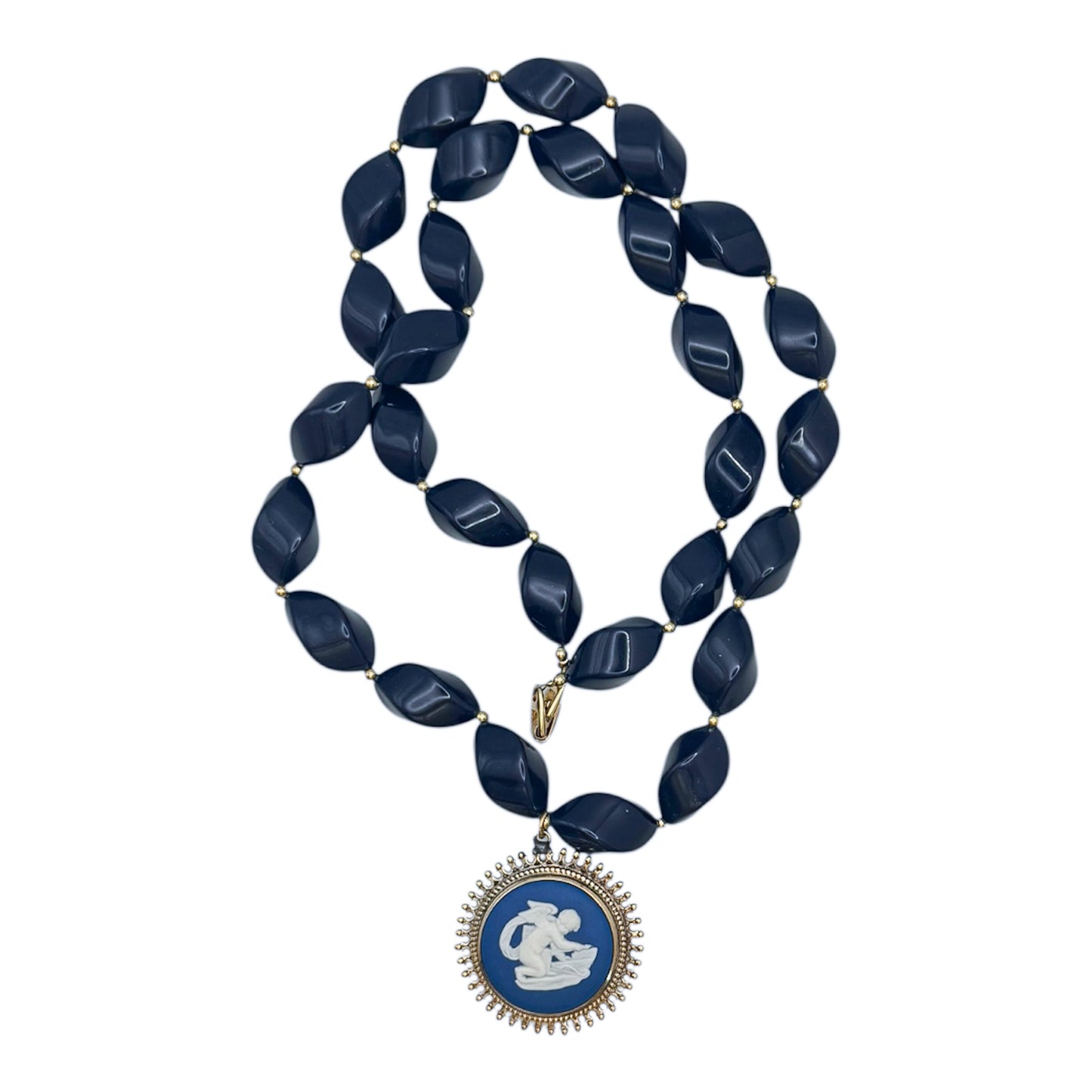 Vintage Napier Navy Beaded Long Necklace with Wedgwood Brooch Pendant — 1980s