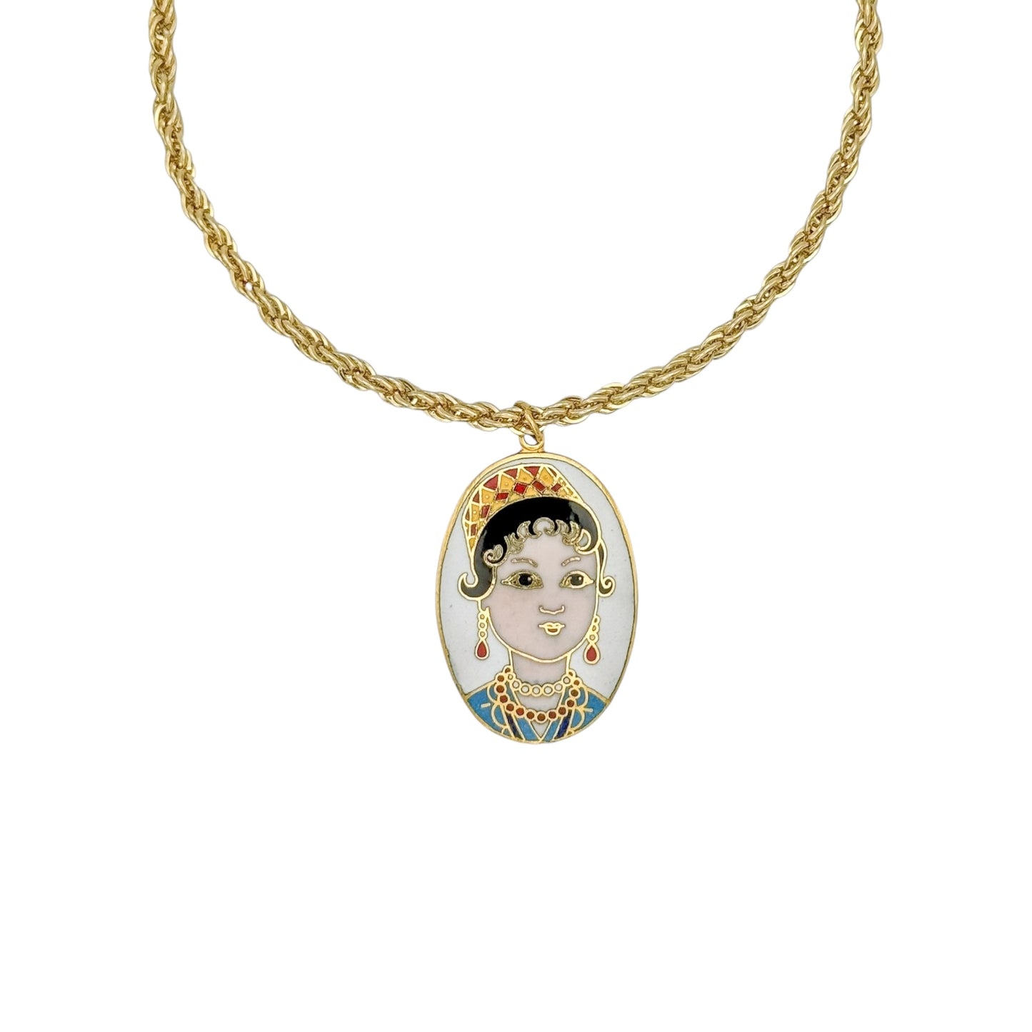 Vintage Gold Plated Rope Chain Necklace with Geisha Cloisonné Pendant