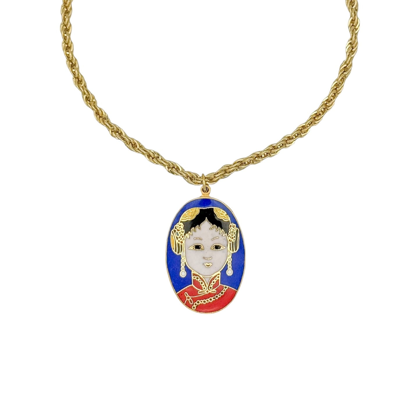 Vintage Gold Plated Rope Chain Necklace with Geisha Cloisonné Pendant