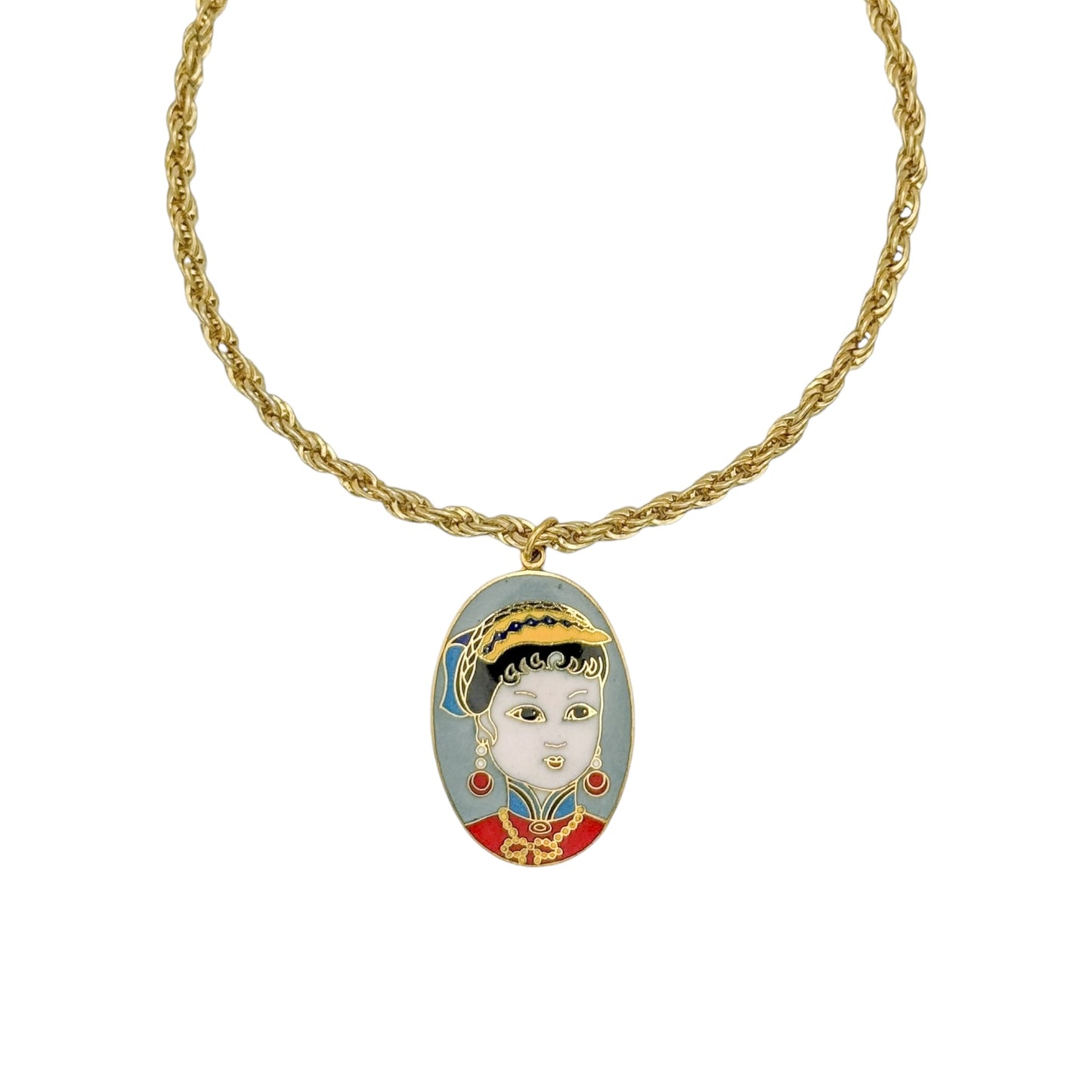 Vintage Gold Plated Rope Chain Necklace with Geisha Cloisonné Pendant