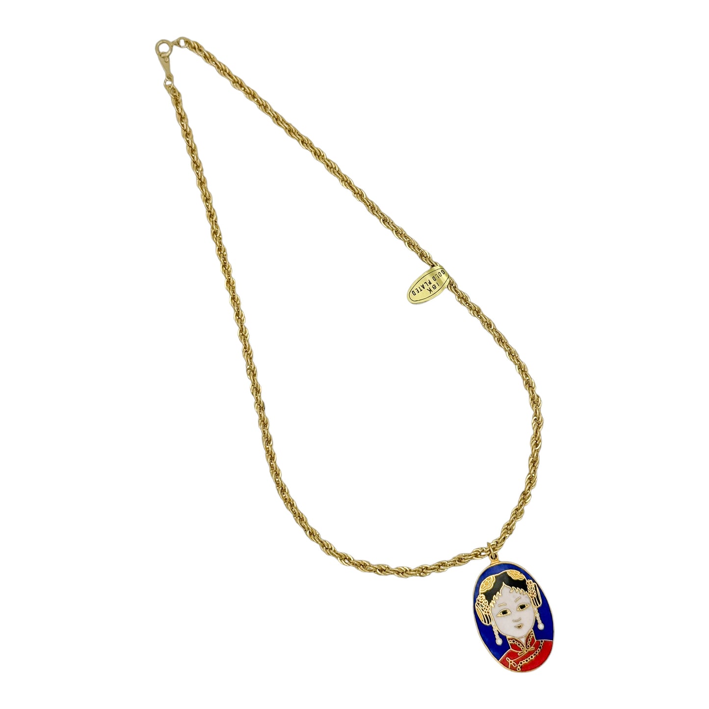 Vintage Gold Plated Rope Chain Necklace with Geisha Cloisonné Pendant