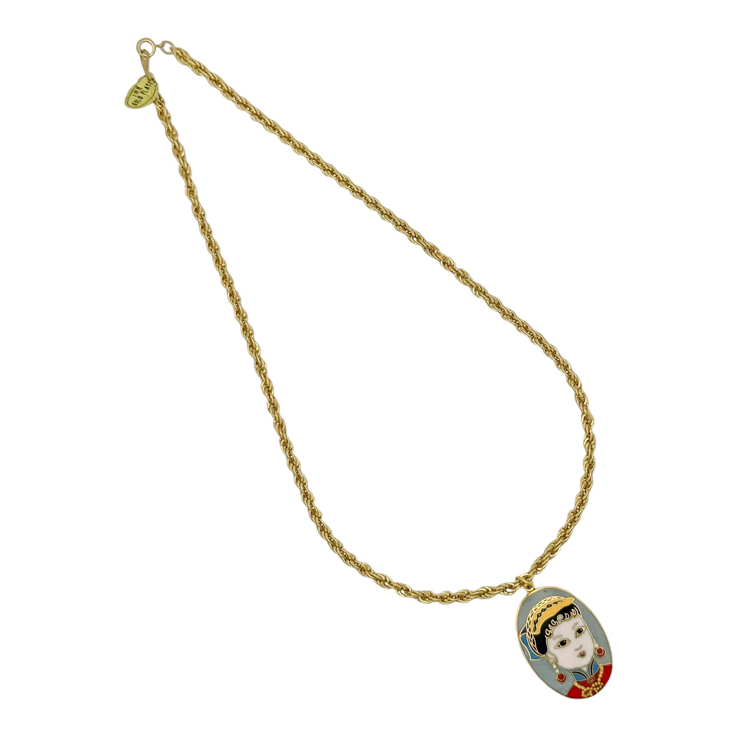 Vintage Gold Plated Rope Chain Necklace with Geisha Cloisonné Pendant