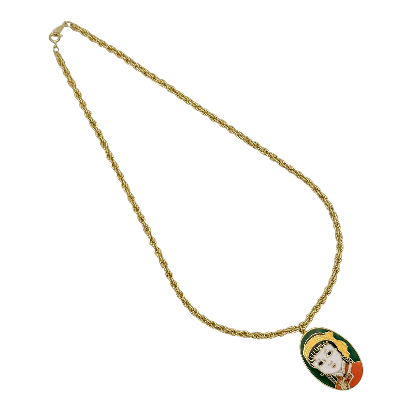 Vintage Gold Plated Rope Chain Necklace with Geisha Cloisonné Pendant