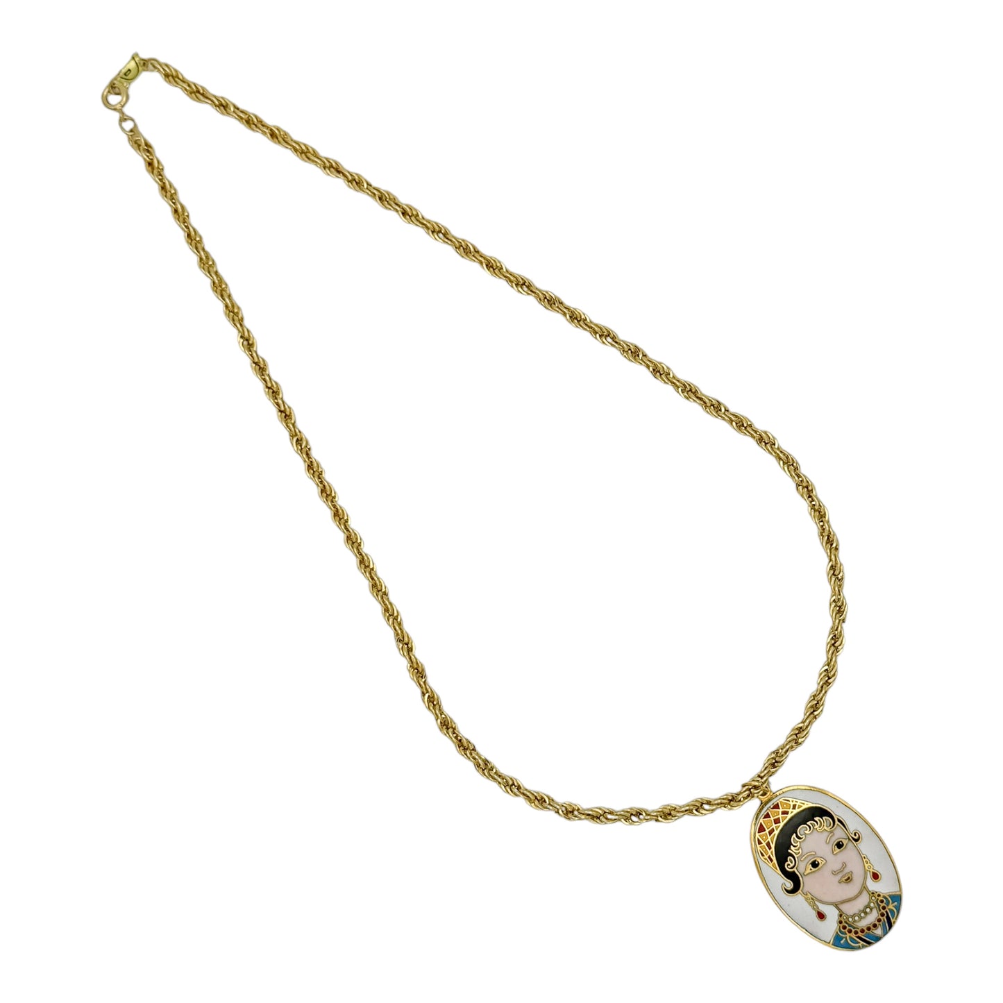 Vintage Gold Plated Rope Chain Necklace with Geisha Cloisonné Pendant